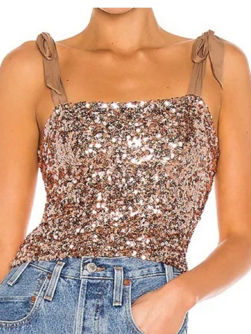 Free People Sequin Crop Top Hey Girl Camisole Rose Gold
